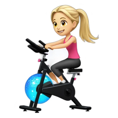 Girl with blonde pony tail riding a spin bike with a disco ball sticker