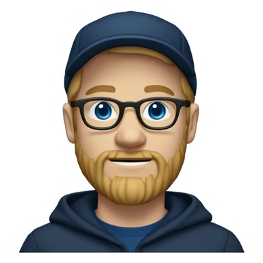 a white dude with blue eyes a dirty blonde beard and sideburns and thin frame glasses wearing a black newsboy hat a navy blue pull over hoodie and dark blue t shirt sticker