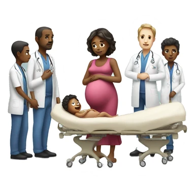 a pregnant woman gives birth and doctors stand nearby sticker