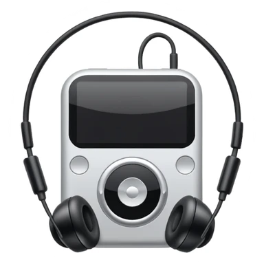 Futuristic iPod emoji with earphones, metallic black and white, smooth reflective surfaces, flat minimal vector design, clean UI style sticker
