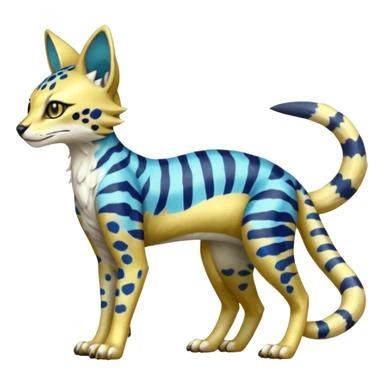Colorful Golden Gold Shiny Lombax-Sergal-Vernid-Trico-Serval-Civet-Genet-Pokémon-Digimon-Fakémon-fusion-hybrid-creature with Cyan stripes and blue leopard-spot-markings  sticker