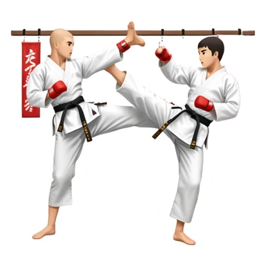 Two karate fighters in traditional gi sparring. One executes a high kick aimed at the opponent’s head, while the other blocks with a strong hand defense. The background features a classic dojo with wooden flooring and banners. Dynamic motion and focused expressions. Transparent background. sticker