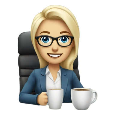 Corporate blonde boss lady with glasses happy blue eyes sitting at a desk drinking coffee  sticker