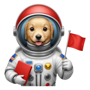 golden retriever body in space suit holding red rectangle flag sticker