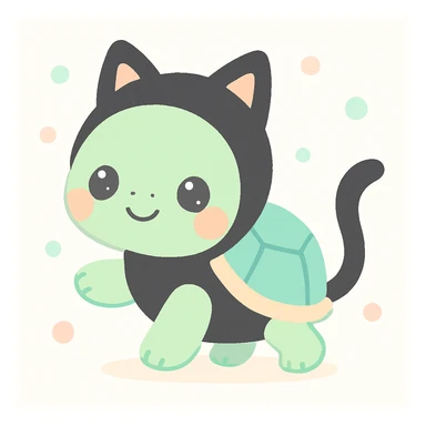 a tortoise dressed as a black cat, with cat ears and a tail, in a cute and playful pose sticker