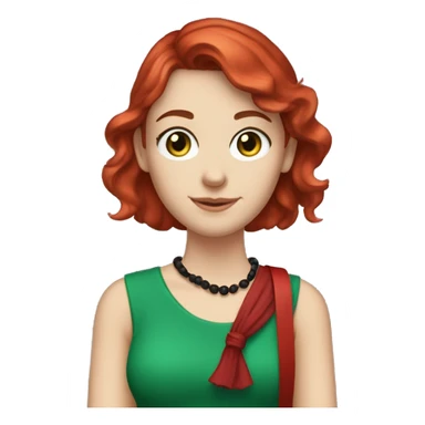 White caucasian woman in her 20s with red layered hair and bangs green eyes freckles wearing a red dress, skinny scarf around the neck and holding a little black purse on her shoulder sticker