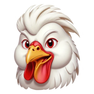 Cinematic Comical White Rooster Portrait Emoji, Head tilted dramatically with an exaggeratedly shocked or amused expression, featuring a striking pure white plumage with a bold red comb, wide, expressive eyes filled with playful disbelief, Simplified yet hilariously expressive features, highly detailed, glowing with a slightly sassy glow, high shine, dramatic yet playful, stylized with an air of cheeky mischief, bright and endearing, soft glowing outline, capturing the essence of a spirited and over-the-top rooster, so meme-worthy it feels like it could crow its way into internet fame instantly! sticker