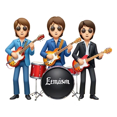 Rock music icon: The Beatles performing live on stage. John Lennon with guitar, Paul McCartney with bass, George Harrison with guitar, Ringo Starr on drums. Bright lights, energetic performance. Transparent background. sticker