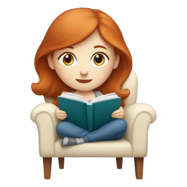 Redhead girl with pale skin and blue eyes sitting in chair with a blanket reading a book sticker
