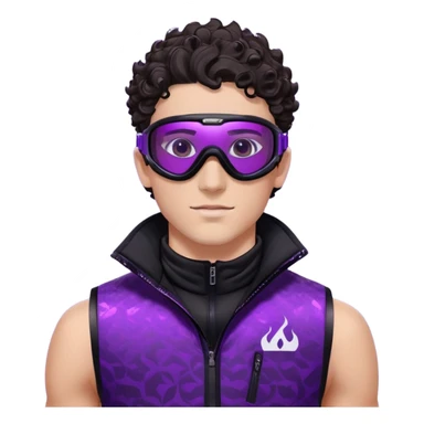 close-up of male athlete with white skin and moderately curly dark brown hair on top with shaved sides, wearing ski goggles with purple frames and very dark black lenses, a simple plain black chain necklace, and a completely unzipped sleeveless vest with purple and black sequin fire pattern design with no logo, frame centered on face and upper chest sticker