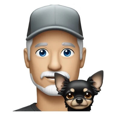 Handsome older man with blue eyes and gray goatee wearing baseball cap holding all black long haired chihuahua sticker