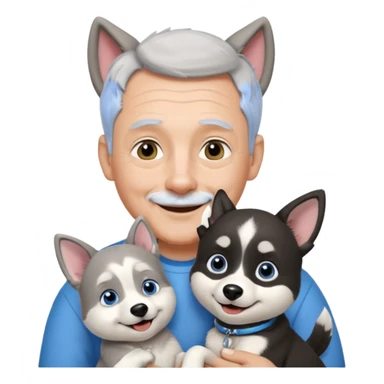 A 60 year old man with blue eyes and short light gray hair and slightly big ears, holding a black and white husky dog with floppy ears and white tuft eyebrows, both smiling sticker