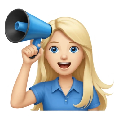 blue eyes blonde girl yelling into megaphone saying timeout long hair smiling sticker