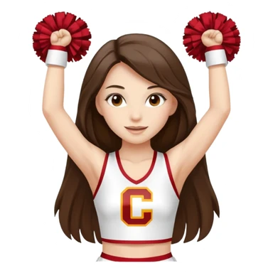 skinny white happy long haired brunette girl in a white USC cheerleader outfit with the letters USC sticker