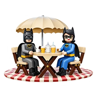  Ultra cute  Lego detailed 1854 Batman and pretty Catwoman dream horse drawn Caravan with picnic table and folding chairs alone at romantic afternoon (hot chocolate and cheeseburgers on the grill) sticker
