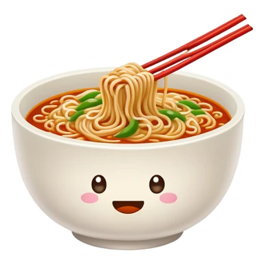 Wuhan hot dry noodles with sesame paste, simplified emoji style with bold outlines and bright colors, cartoon style Chinese noodle bowl sticker