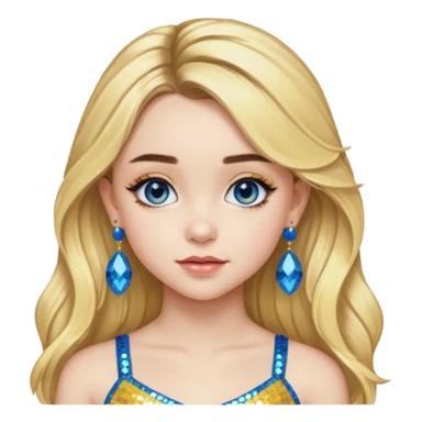 Sabrina Carpenter with long blonde hair, yellow sequin crop top, yellow earring, blue eye sticker