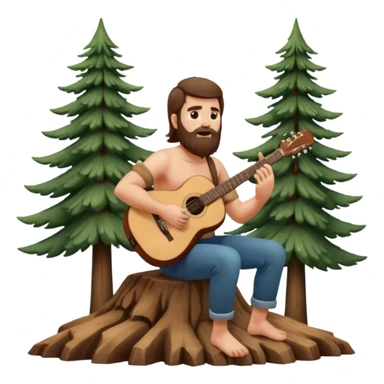 nude from behind character, bearded man with long brown hair playing acoustic guitar by pine trees sticker