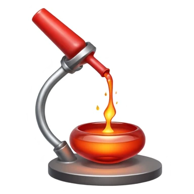 Glassblowing and casting icon, molten glass being shaped into a delicate object with a blowpipe, glowing red-hot glass being poured into a mold, unfinished glass sculpture, minimalistic style, clean lines, transparent background. sticker