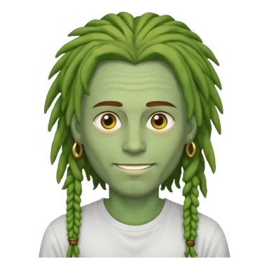 man with brown dreads covering forehead white tee golden eyes light green skin  and white smile sticker