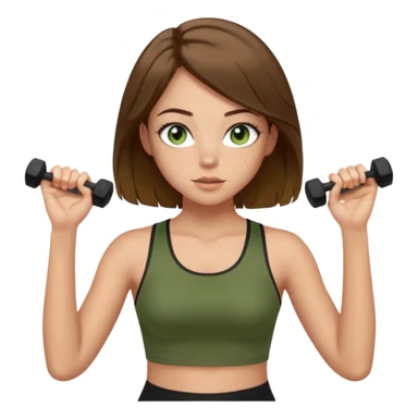 Girl with green eyes, brown hair shoulder length, light skin, and freckles wearing an olive green crop top with black leggings working out, she has light gorgeous lashes sticker