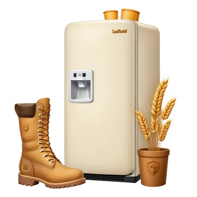 A white refrigerator with a camel head on top, and four Timberland-style wheat colored work boots attached to the bottom corners sticker