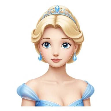 Cinematic Elegant Cinderella Portrait Emoji, rendered in a cinematic, vector-style with minimal shading and bold, simplified shapes. Depict Cinderella in her classic ball gown (chest and above) with fair, porcelain skin and elegantly styled blonde hair, her eyes soft and kind, and her expression serene and graceful. The design glows with a gentle, enchanting radiance and high shine, capturing the timeless beauty of a fairy tale princess. sticker