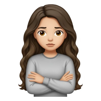 Hispanic light tan girl with long dark wavy hair pouting and arms folded. Wearing a long sleeve. Hair with middle part. sticker