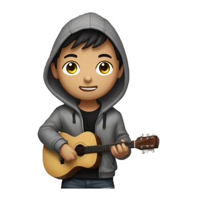 korean boy in unbuttoned grey hoodie jacket playing guitar with black t shirt inside sticker