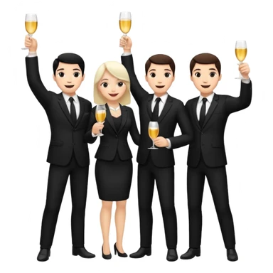 Un equipo de venta con trajes negros, personas blancas solo 3 celebrando un logro con un brindis. El fondo negro totalmente  sticker