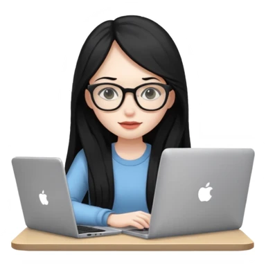 girl with long black hair sitting and typing on a laptop sticker