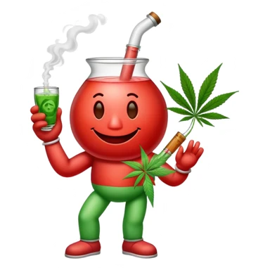Kool-Aid Man character with legs smoking a bong with cannabis leaf nearby sticker