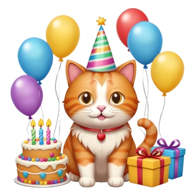 Ginger cat celebrates birthday, birthday hat, birthday cake, balloons, happy, gifts sticker