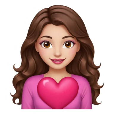 girl with long wavy brown hair, brown eyes, long lashes makeup, sexy pink lips, light to medium complexion, wearing a pink sexy top, smiling, holding a big heart sticker
