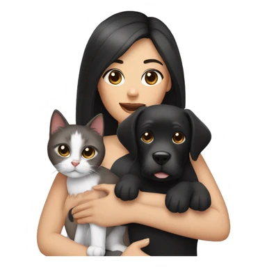 A white woman with long straight black hair and dark brown eyes, holding a mixed-breed dog and a cute cat in her lap. sticker