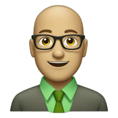smiling jewish man with shaved head in rectangular black glasses and green button up shirt sticker