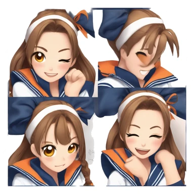 a woman in a sailor outfit blue orange, brown hair in a ponytail, charming sly smile, half body, hair tied in a ponytail, orange shoulder  pads, blue and orange, trending on pixiv, ponytail hair, the hime cut sticker