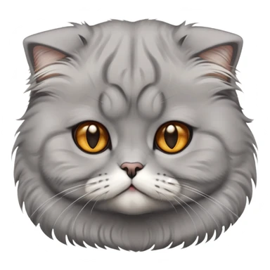 Cinematic-Fluffy-Grey-Scottish-Fold-Cat-Portrait-Emoji – Head tilted cutely with big, sparkling amber eyes, soft solid grey fur, and signature small folded ears pressed gently against its round head, simplified yet irresistibly adorable features, highly detailed, glowing with a soft and warm charm. sticker