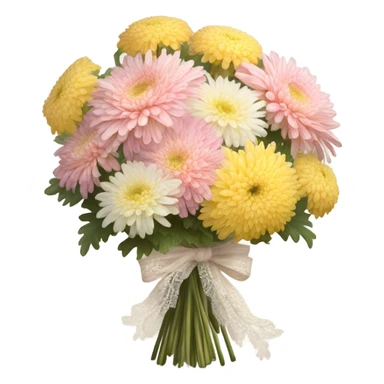 A vintage-style bouquet of chrysanthemums with a lace ribbon and a flickering candle
 sticker