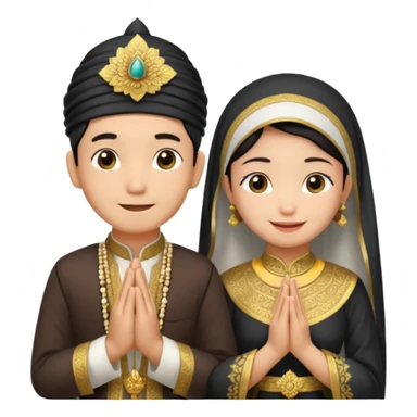 javanese person with shy smile (male) with blangkon hat and prayer hand, and also a javanese bride with sanggul and a shy smile sticker