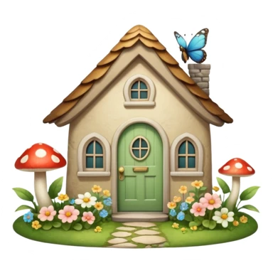 Cottagecore style, highly realistic, whimsical cute, vintage vibe, small cottage with a little garden in front with flowers, a mushroom, green frog and butterlies, with a vintage pale front door. Still life design. sticker