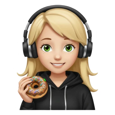 a girl with long brown hair blonde ends green and wearing black headphones she is wearing a cream coulor baggy hoddie she is happyish holding a donut sticker