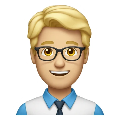 male teacher with blond hair, glasses and a blue shirt sticker