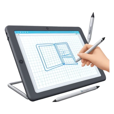 Create an emoji for 3D visualization and modeling. Show wireframe model that pops out from the screen of a large graphic tablet with a stylus drawing in a 3D modeling program. Use modern, professional colors. Do not include any emojis or smiley faces. Make the background transparent. sticker