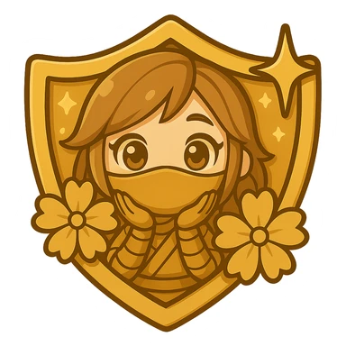 Change ONLY the flowers in this image to match the exact gold color, shading, and highlights of the badge border, so they blend seamlessly with the badge. Keep the flower centers gold as well. Do not change anything else—keep the chibi ninja girl, badge, sparkles, and all other details exactly the same. Transparent background, sized for Twitch or Discord use. sticker