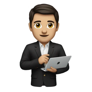     memoji of a realtor with a laptop in front, apple-style,modern,dark hair,black sweater,computer in hand,white skin, an avatar image gonna be round  sticker