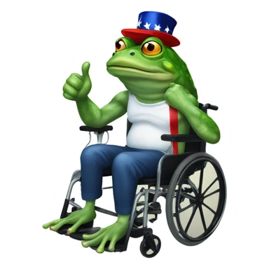 Angry frog with 'Trump 2024' hat on wheelchair and thumbs up sticker