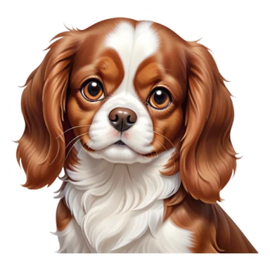 Cinematic Cute Blenheim Cavalier King Charles Spaniel Portrait Emoji, Head tilted playfully and inquisitively, silky Blenheim coat with warm chestnut and crisp white patches, round, sparkling brown eyes filled with curiosity, Simplified yet irresistibly adorable features, highly detailed, glowing with a warm, friendly glow, high shine, affectionate and lively, stylized with a touch of whimsy, bright and endearing, soft glowing outline, capturing the essence of a mischievous yet loving pup, so playful it feels like it could pounce out of the screen and into your arms! sticker
