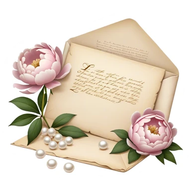 A charming arrangement of pearl peonies placed beside an old beige  love letter with an intricate Ivory wax seal. sticker
