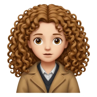 hermione shrugging, long light brown very curly voluminous hair, reaching below the shoulders, thick and full curls, messy natural texture, cartoon emoji style. sticker